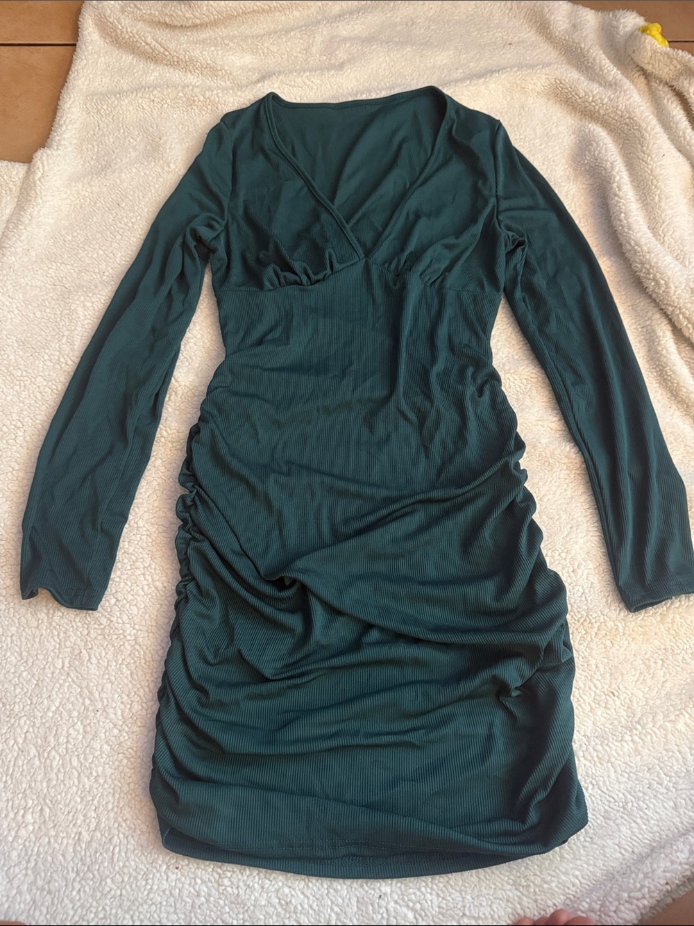 Ruched V-Neck Long Sleeve Dress in Deep Teal